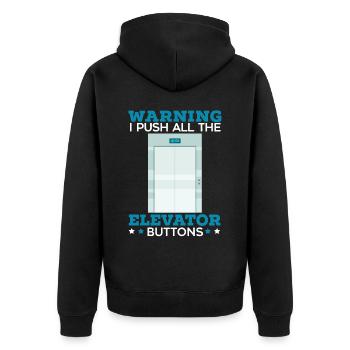 Warnung Ich drücke alle Aufzugstasten Erhöhung - Unisex Premium Bio Zip Hoodie - Schwarz - Hinten - Nico (187cm)