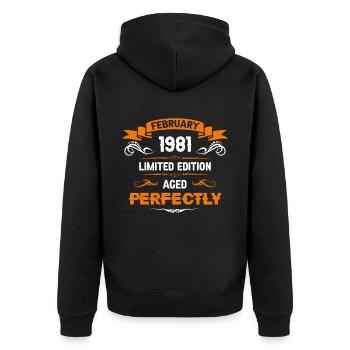 Février 1981 Cadeau d’anniversaire vintage - Veste à capuche bio Premium Unisexe - noir - Dos - Nico (187cm)