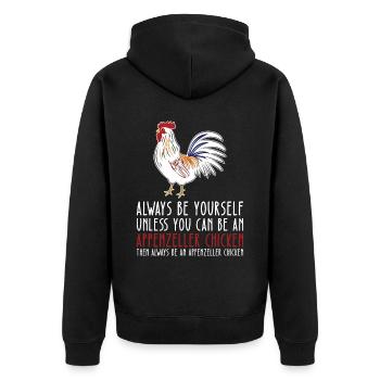 Sei Du Selbst - Appenzeller Huhn - Unisex Premium Bio Zip Hoodie - Schwarz - Hinten - Nico (187cm)