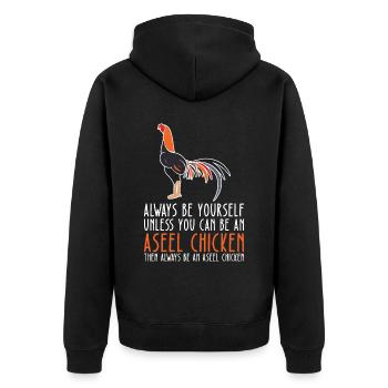 Sei Du Selbst – Aseel Chicken - Unisex Premium Bio Zip Hoodie - Schwarz - Hinten - Nico (187cm)