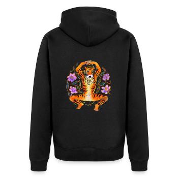 Yoga Tiger liebt Blumen - Unisex Premium Bio Zip Hoodie - Schwarz - Hinten - Nico (187cm)