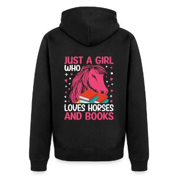 Just A Girl Who Loves Horses und Buch - - Unisex Premium Bio Zip Hoodie - Schwarz - Hinten - Nico (187cm)