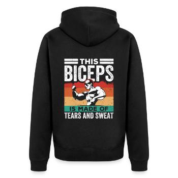 Dieser Bizeps Ist Aus Tränen Und Schweiß Gemacht - Unisex Premium Bio Zip Hoodie - Schwarz - Hinten - Nico (187cm)