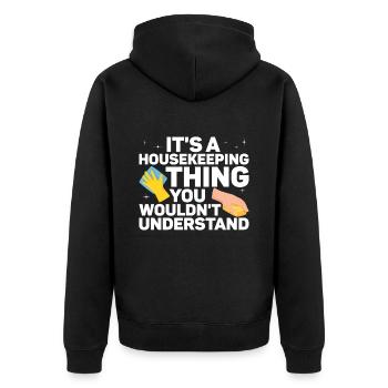 Haushalt - Unisex Premium Bio Zip Hoodie - Schwarz - Hinten - Nico (187cm)