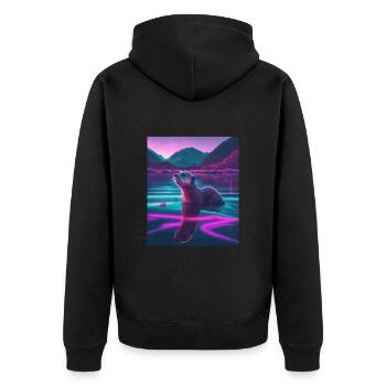 Cool Sea Otter Design Synthwave Wandering Otter - Unisex Premium Bio Zip Hoodie - Schwarz - Hinten - Nico (187cm)