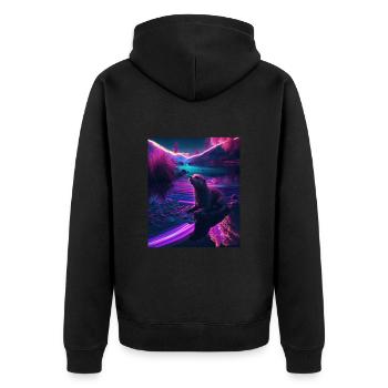 Cool Sea Otter Design Synthwave Wandering Otter - Unisex Premium Bio Zip Hoodie - Schwarz - Hinten - Nico (187cm)