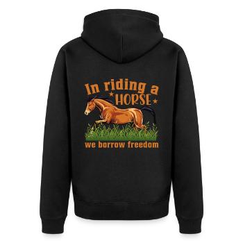 When riding a horse, we borrow the free - Unisex Premium Organic Zip Hoodie - black - Back - Nico (187cm)