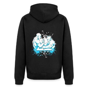 Zwei Muskelpakete beim Armdrücken - Unisex Premium Bio Zip Hoodie - Schwarz - Hinten - Nico (187cm)