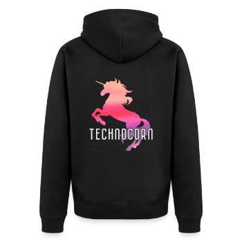 Technocorn Techno Rave Festival Electro Raver - Unisex Premium Bio Zip Hoodie - Schwarz - Hinten - Nico (187cm)