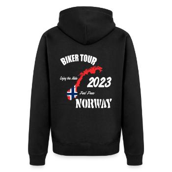 Biker Tour 2023 Norwegen Motorrad Reise Urlaub - Unisex Premium Bio Zip Hoodie - Schwarz - Hinten - Nico (187cm)