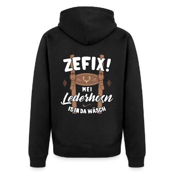 Lederhose T-Shirt Trachten Trachtenshirt Herren - Unisex Premium Bio Zip Hoodie - Schwarz - Hinten - Nico (187cm)
