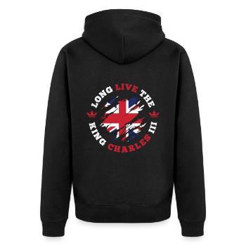 King Charles 3. Krönung der britischen Flagge - Unisex Premium Bio Zip Hoodie - Schwarz - Hinten - Nico (187cm)