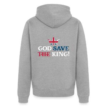 God Save The King Charles 2023 Krönung - Unisex Premium Bio Zip Hoodie - Grau meliert - Hinten - Nico (187cm)