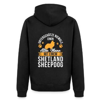 Mann mit Shetland Sheepdog britischer Sheepdog - Unisex Premium Bio Zip Hoodie - Schwarz - Hinten - Nico (187cm)