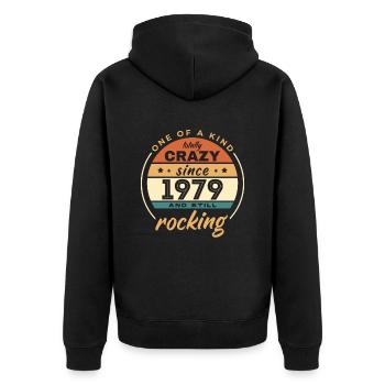 One Of A Kind Totally Crazy Since 1979 Rocking - Unisex Premium Organic Zip Hoodie - black - Back - Nico (187cm)