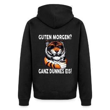 Guten Morgen - Ganz dünnes Eis Spruch Kaffee - Unisex Premium Bio Zip Hoodie - Schwarz - Hinten - Nico (187cm)