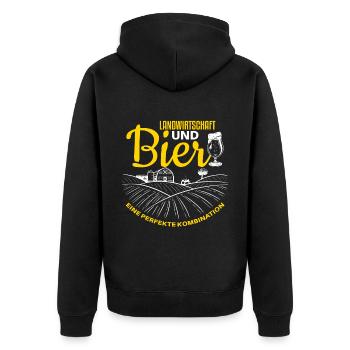 Witziger Landwirt und Bier Spruch - Unisex Premium Bio Zip Hoodie - Schwarz - Hinten - Nico (187cm)