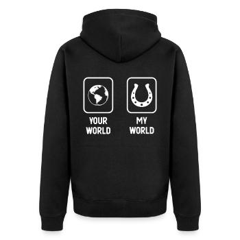 Deine Welt Meine Welt - Hufeisen - - Unisex Premium Bio Zip Hoodie - Schwarz - Hinten - Nico (187cm)