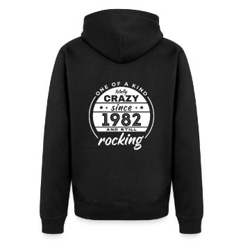 One Of A Kind Totally Crazy Since 1982 Rocking - Unisex Premium Organic Zip Hoodie - black - Back - Nico (187cm)