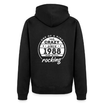 One Of A Kind Totally Crazy Since 1988 Rocking - Unisex Premium Bio Zip Hoodie - Schwarz - Hinten - Nico (187cm)
