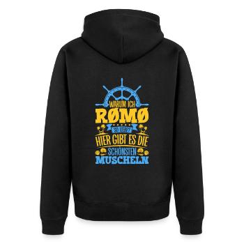 Schöne Muscheln - Warum ich Rømø so liebe - Unisex Premium Bio Zip Hoodie - Schwarz - Hinten - Nico (187cm)
