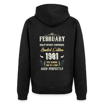 Février 1981 Cadeau d’anniversaire vintage - Veste à capuche bio Premium Unisexe - noir - Dos - Nico (187cm)