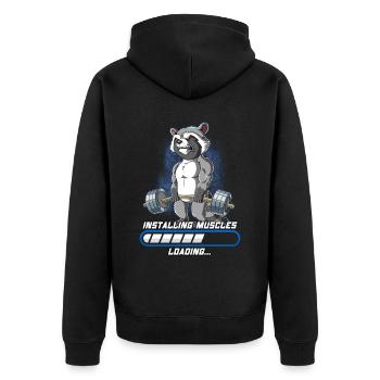 Waschbär Muskeln Aufbauen Bodybuilding Fitness Gym - Unisex Premium Bio Zip Hoodie - Schwarz - Hinten - Nico (187cm)