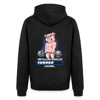 Schwein Muskeln Aufbauen Bodybuilding Fitness Gym - Unisex Premium Bio Zip Hoodie - Schwarz - Hinten - Nico (187cm)