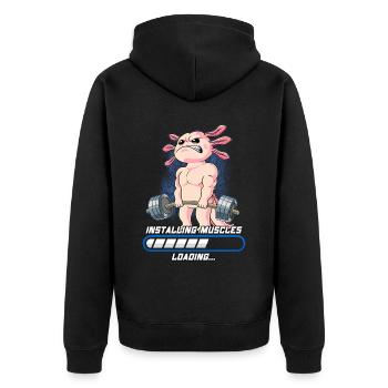 Axolotl Muskeln Aufbauen Bodybuilding Fitness Gym - Unisex Premium Bio Zip Hoodie - Schwarz - Hinten - Nico (187cm)