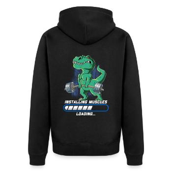 T-Rex Muskeln Aufbauen Bodybuilding Fitness Gym - Unisex Premium Bio Zip Hoodie - Schwarz - Hinten - Nico (187cm)