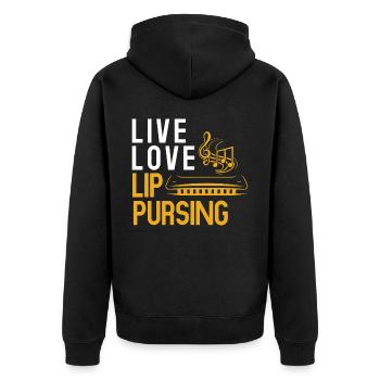 Harmonica player, Unny harmonica - Unisex Premium Organic Zip Hoodie - black - Back - Nico (187cm)