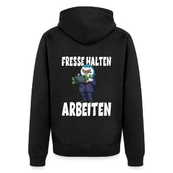 Arbeiten Hai Chef Kapitalismus - Unisex Premium Bio Zip Hoodie - Schwarz - Hinten - Nico (187cm)