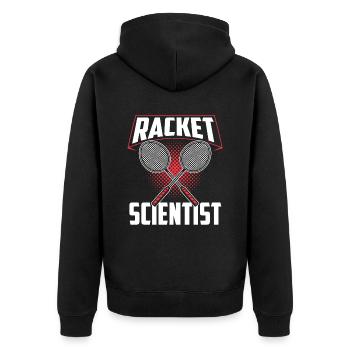 Schläger Wissenschaftler Racket Scientist - Unisex Premium Bio Zip Hoodie - Schwarz - Hinten - Nico (187cm)