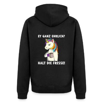 Sarkasmus Ey ganz ehrlich? Halt die Fresse - Unisex Premium Bio Zip Hoodie - Schwarz - Hinten - Nico (187cm)