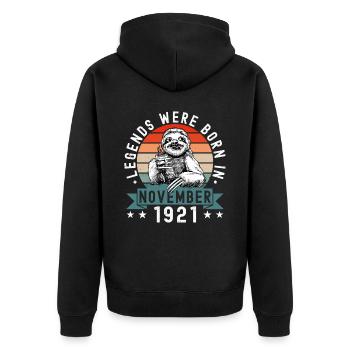Legends Were Born In November 1921 Faultier Sloth - Unisex Premium Organic Zip Hoodie - black - Back - Nico (187cm)