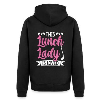 Diese Mittagsdame ist eine beliebte Cafeteria-Mitarbeiterin - Unisex Premium Bio Zip Hoodie - Schwarz - Hinten - Nico (187cm)
