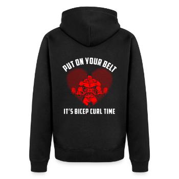 Put On Your Belt. It's Bicep Curl Time - Unisex Premium Bio Zip Hoodie - Schwarz - Hinten - Nico (187cm)