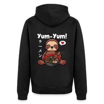 Yum Yum Japan Anime Ramen Nudel Faultier - Unisex Premium Bio Zip Hoodie - Schwarz - Hinten - Nico (187cm)