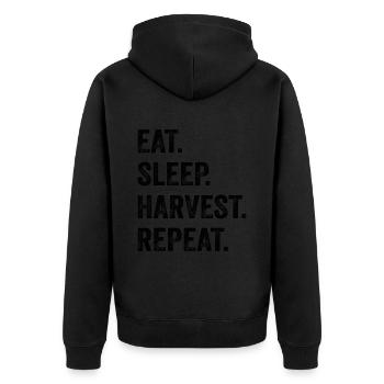 Eat Sleep Harvest Repeat Schwarzer Text - Unisex Premium Bio Zip Hoodie - Schwarz - Hinten - Nico (187cm)