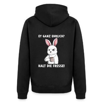 Ey ganz ehrlich? Halt die Fresse - Unisex Premium Bio Zip Hoodie - Schwarz - Hinten - Nico (187cm)