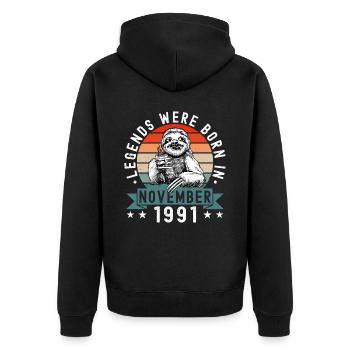 Legends Were Born In November 1991 Faultier Sloth - Unisex Premium Organic Zip Hoodie - black - Back - Nico (187cm)