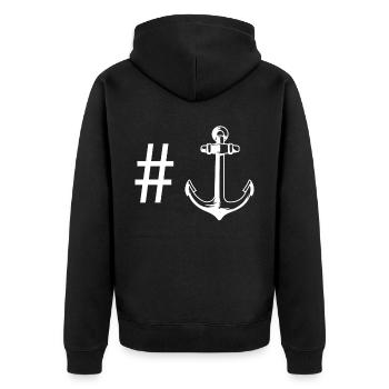 Hashtag - Anker - - Unisex Premium Bio Zip Hoodie - Schwarz - Hinten - Nico (187cm)