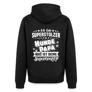 Hund Papa Hundepapa Superkraft - Unisex Premium Bio Zip Hoodie - Schwarz - Hinten - Nico (187cm)