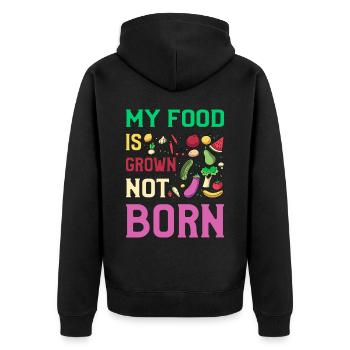 My Food is grown not born Vegan - Unisex Premium Organic Zip Hoodie - black - Back - Nico (187cm)