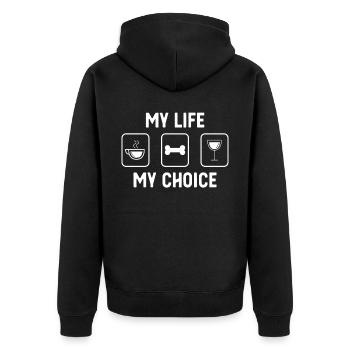 Mein Leben, meine Wahl - Wein - Hundeknochen - - Unisex Premium Bio Zip Hoodie - Schwarz - Hinten - Nico (187cm)