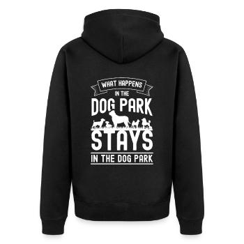 Was im Hundepark passiert, bleibt im Hundepark - Unisex Premium Bio Zip Hoodie - Schwarz - Hinten - Nico (187cm)