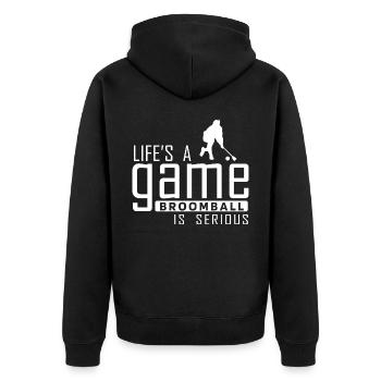 Broadway, Musical, Theater-Nerd - Unisex Premium Bio Zip Hoodie - Schwarz - Hinten - Nico (187cm)