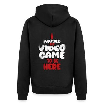 I paused my game to be here, - Unisex Premium Organic Zip Hoodie - black - Back - Nico (187cm)