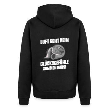 Luft geht rein Glücksgefühle kommen raus! - Unisex Premium Bio Zip Hoodie - Schwarz - Hinten - Nico (187cm)