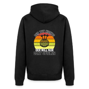 Dart Spruch - Unisex Premium Bio Zip Hoodie - Schwarz - Hinten - Nico (187cm)